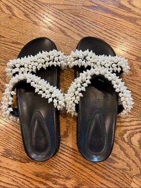 Alexandre Birman Black Slide Sandals with Pearl-Strap Detail